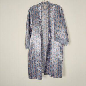Leyla Women's Satin Robe Size L / XL Blue Cream Tiger Print Lace Feminine Night